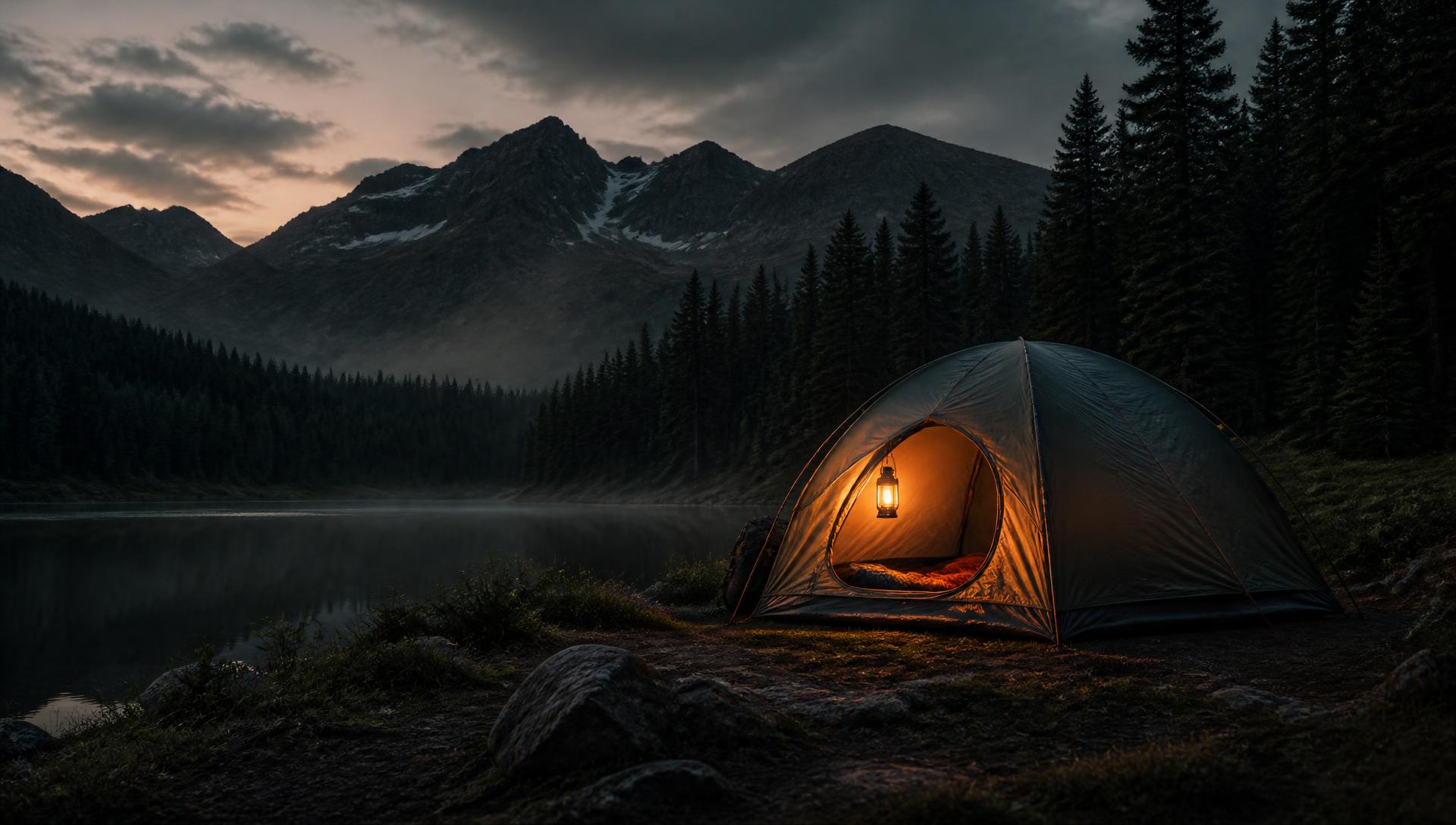 Modern camping tent lit at dusk beside a lake with forest and mountains
